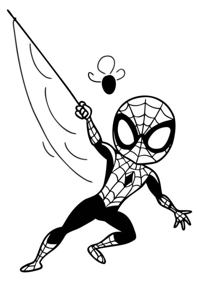 Cute Spider-Man drawing shooting a web while swinging in action pose with a small bug above from ezydrawing.com
