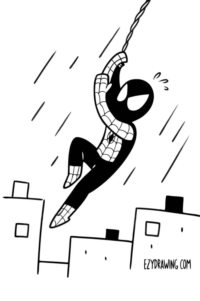 Simple Spider-Man drawing swinging on a web between buildings with rain lines, in cartoon black and white style.