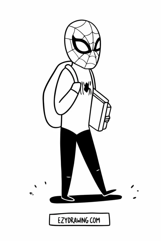 Spider-Man drawing walking with a backpack and books, showing a student version of the hero from ezydrawing.com