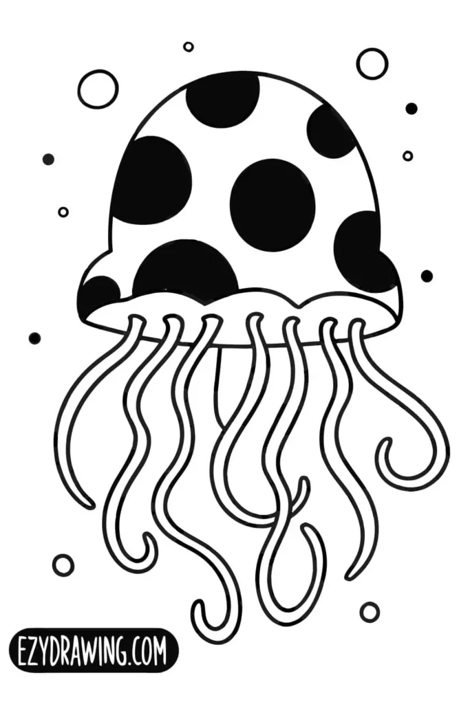 Spotted jellyfish drawing with large round dots and flowing tentacles surrounded by bubbles — ezydrawing.com illustration.