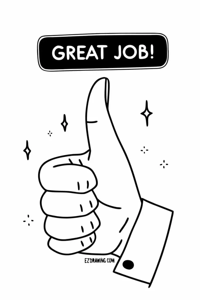 Hand giving a thumbs up with the text “Great Job!” above and sparkles around, drawn in simple line art style.