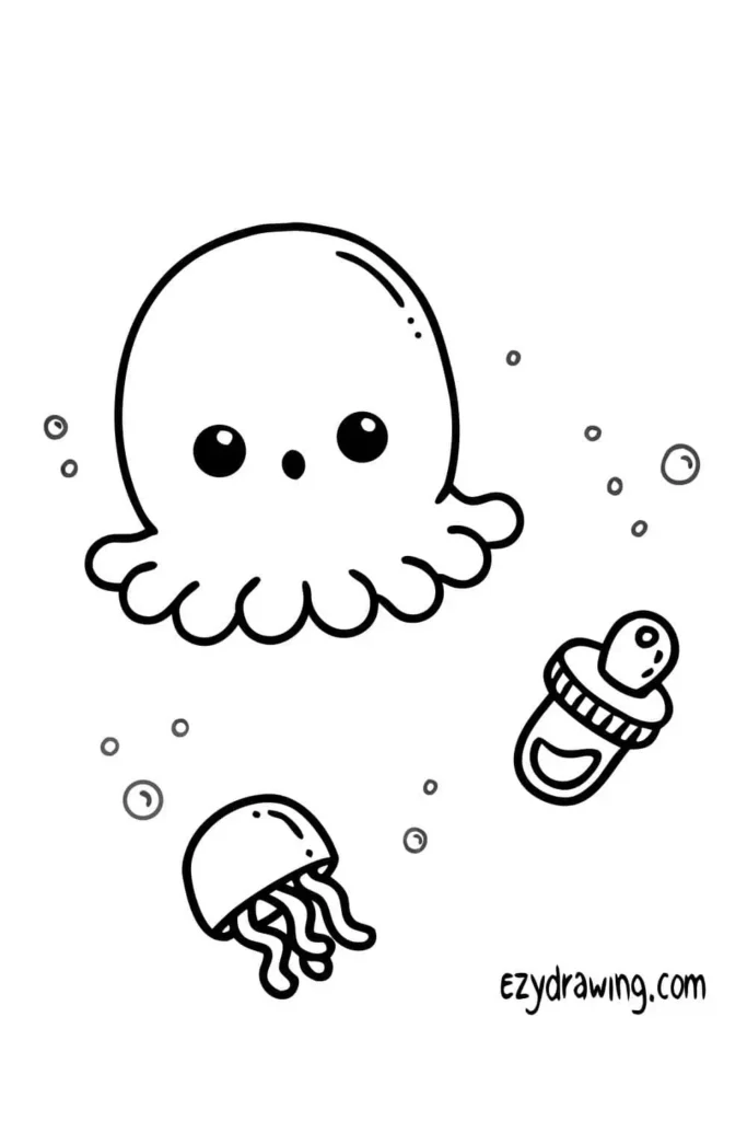 Cute baby jellyfish drawing with bubbles, tiny jellyfish, and a pacifier floating nearby — ezydrawing.com illustration.