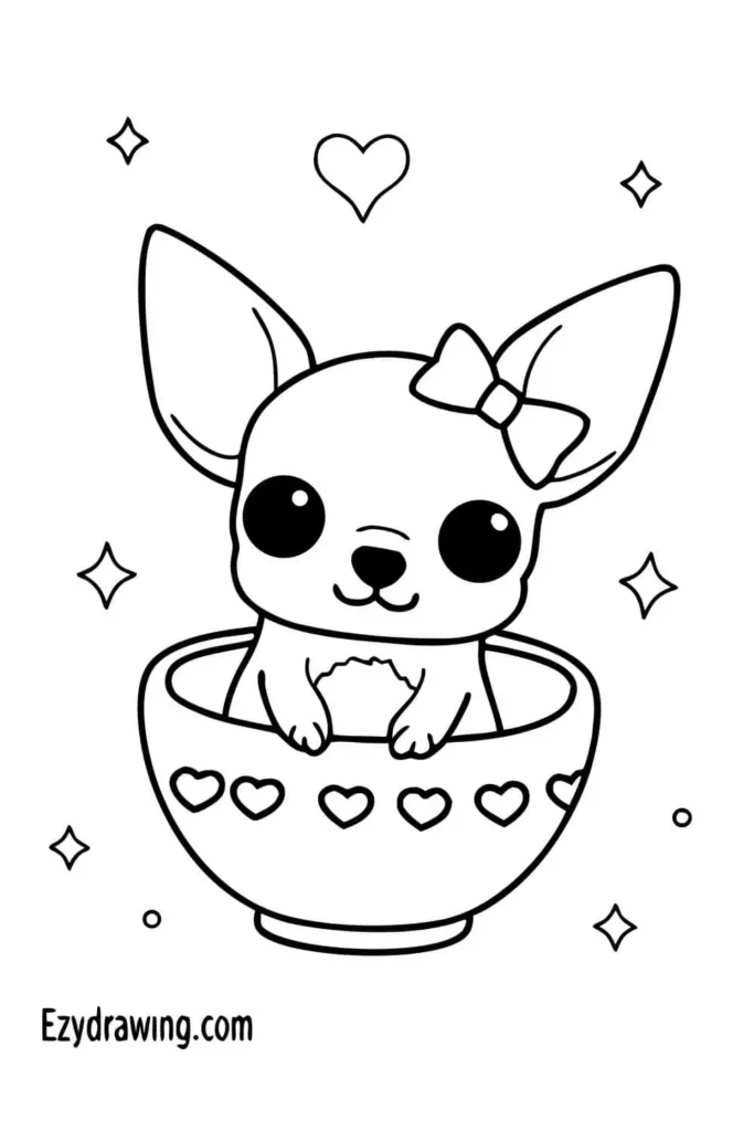Adorable Chihuahua with big ears and a bow sitting inside a teacup decorated with hearts, surrounded by stars and a heart above.