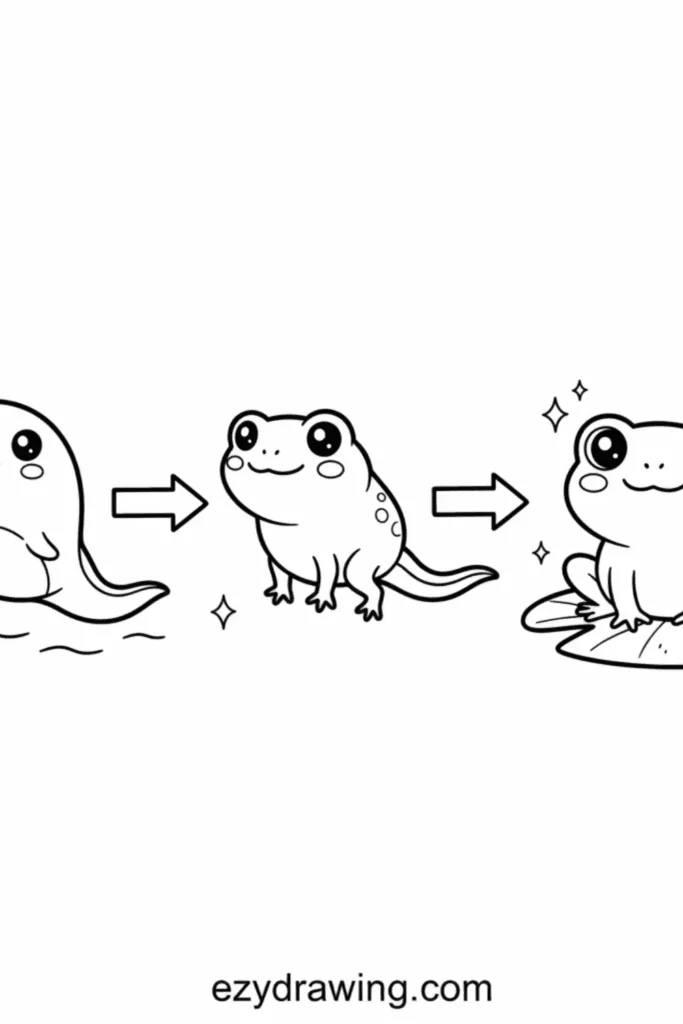 Cute tadpole transforming into a froglet then a full frog on a lily pad, shown with arrows and sparkles in simple kid friendly line art