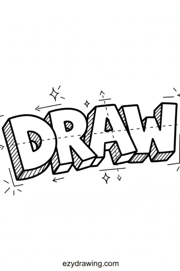 Bold 3D block letters spelling DRAW with shading lines, dotted guide marks, arrows, and sparkles around it, outlined in black on a white background