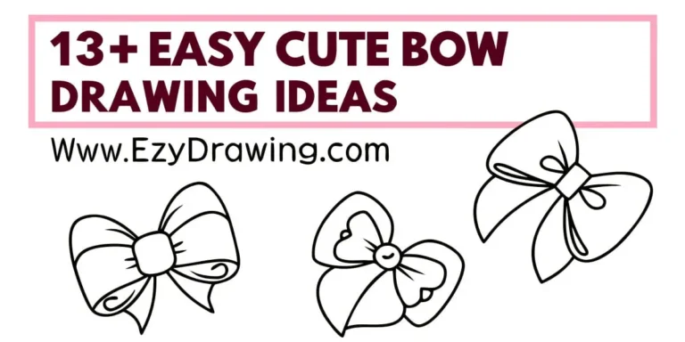 Cute banner showing 13 + easy bow drawing ideas with three simple bow sketches and the website name EzyDrawing.com in a clean graphic style