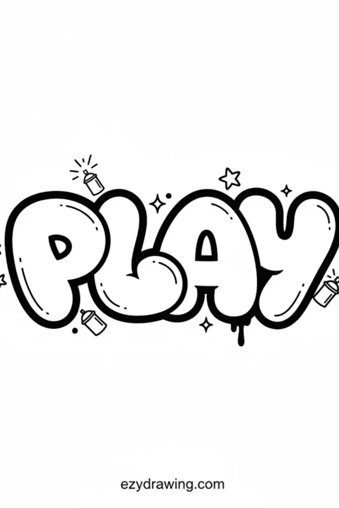 Bubble style graffiti word PLAY with bold rounded letters, tiny spray cans, stars, sparkles, and a small drip effect, black outline on white background.