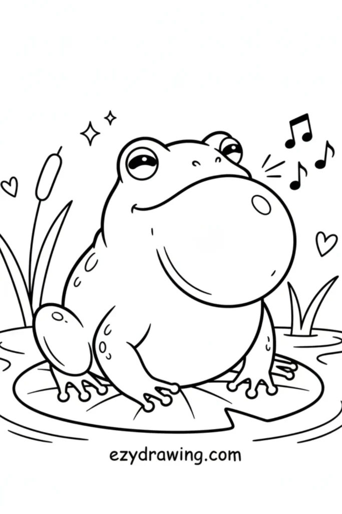 Bullfrog sitting on a lily pad with puffed throat singing, surrounded by cattails, hearts and sparkles in simple kid friendly line art