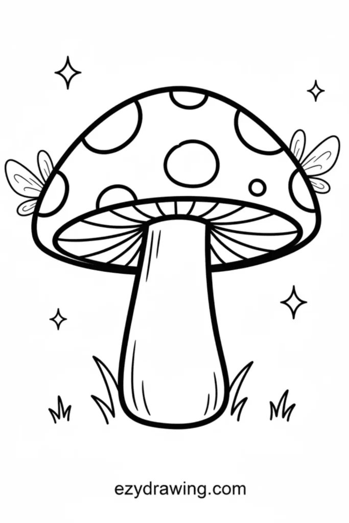 Cute cartoon mushroom with a spotted cap, simple stem, tiny fairy wings on the sides, small sparkles, and grass details, drawn in clean black outlines
