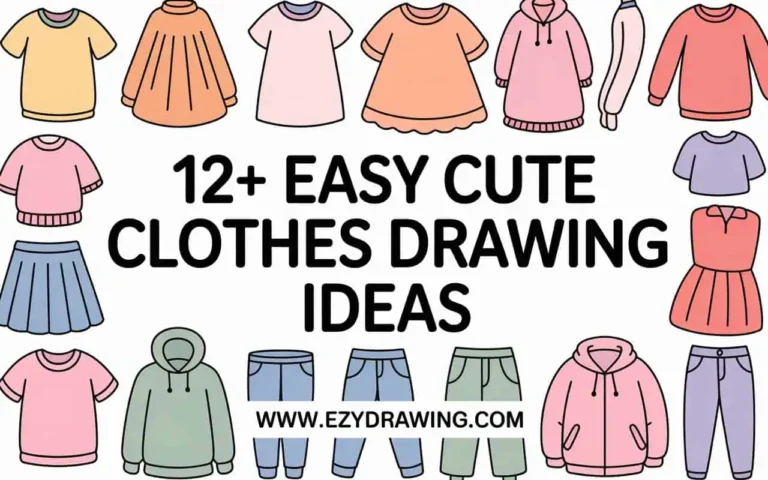 Pinterest graphic reading 12+ Easy Cute Clothes Drawing Ideas with pastel outfit doodles and www.ezydrawing.com text