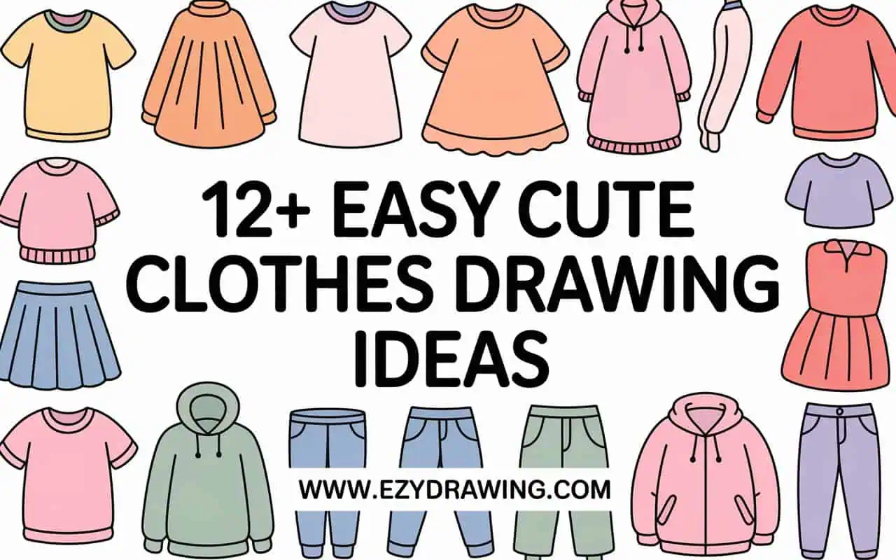 Pinterest graphic reading 12+ Easy Cute Clothes Drawing Ideas with pastel outfit doodles and www.ezydrawing.com text
