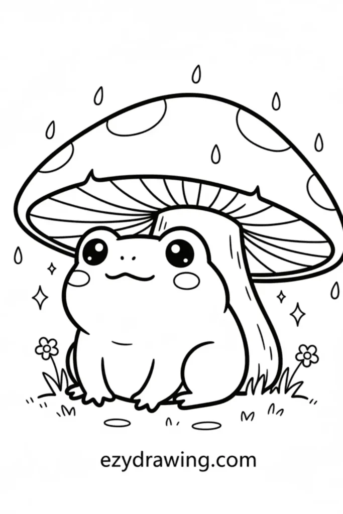 Cute frog sitting under a large mushroom shelter with raindrops falling around, tiny flowers and sparkles shown in simple kid friendly line art