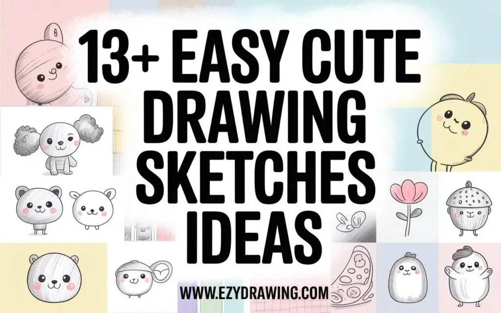 Collage of cute easy drawing sketches with animals and objects, bold title 13 + easy cute drawing sketches ideas.