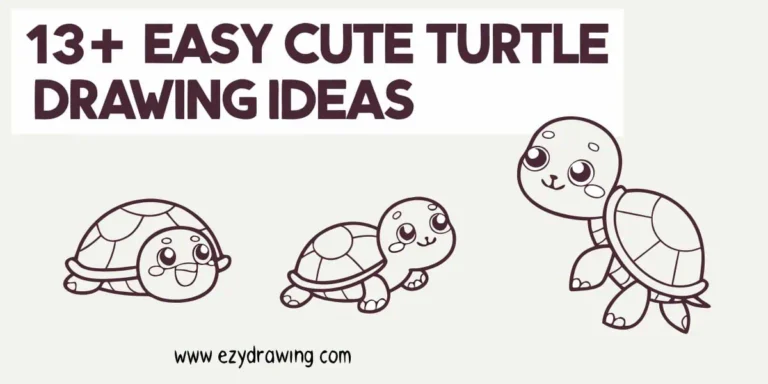 Cute turtle drawing ideas banner showing three simple cartoon turtles with big eyes and rounded shells for easy kids drawing inspiration.