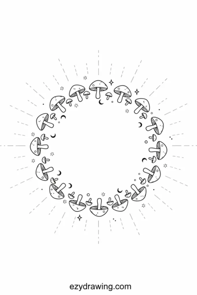 Circular fairy ring made of small mushrooms arranged in a ring shape, surrounded by sparkles, tiny stars, moons, and radiating lines