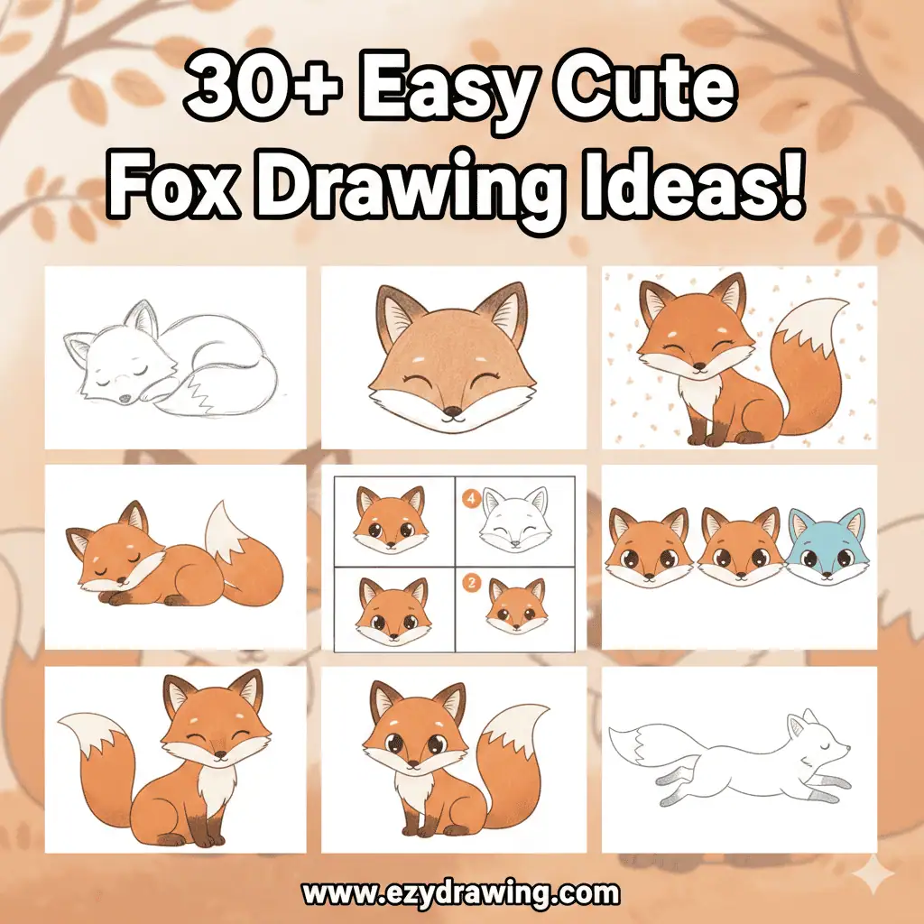 Pinterest image showing 30+ Easy Cute Fox Drawing Ideas with cute fox sketches grid and website www.ezydrawing.com logo shown