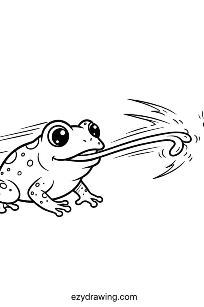 Frog with spotted body shooting out a long tongue to catch a tiny fly, shown with motion lines in simple cute kid friendly line art