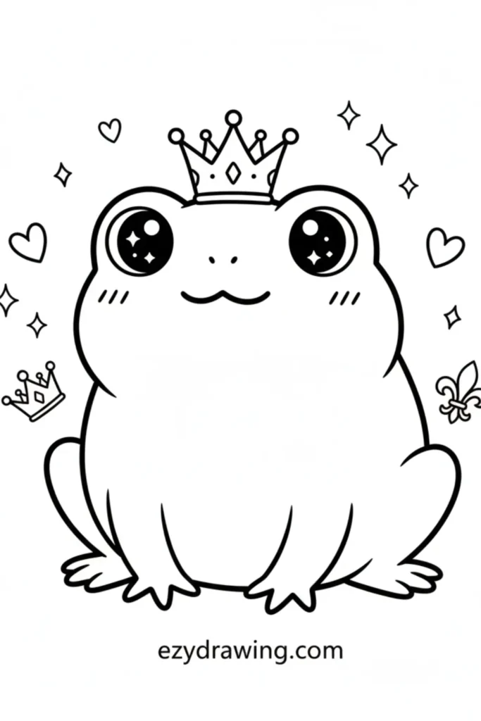 Cute frog sitting with big sparkly eyes and a royal crown, surrounded by hearts and sparkles in simple clean kid friendly line art