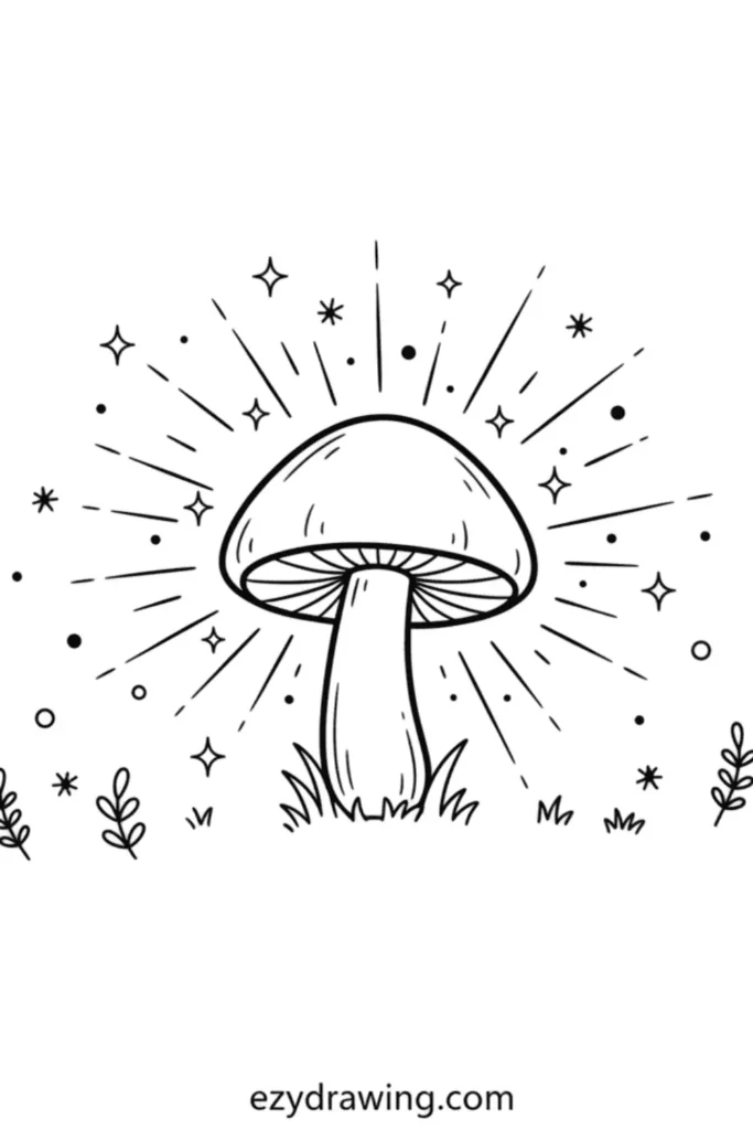 Glowing mushroom with simple cap and stem surrounded by radiant light rays, sparkles, dots, and small plants at the base