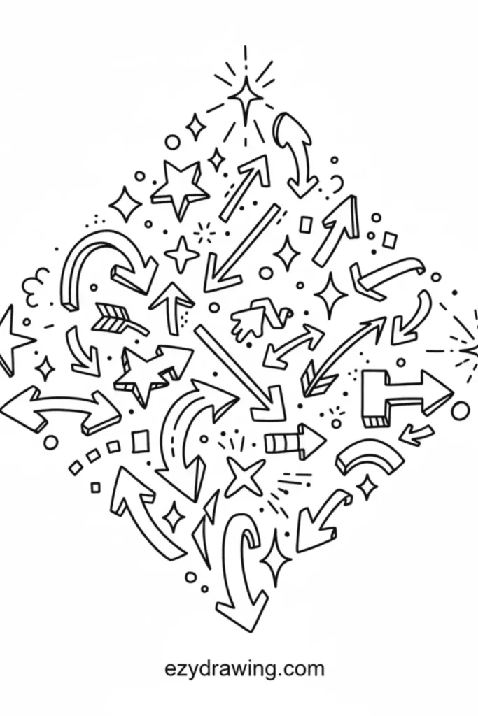 Cluster of graffiti style arrows, stars, sparkles, dots, and motion lines arranged in a diamond shape, drawn with clean black outlines on white.