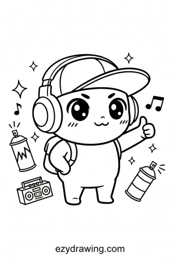 Cute cartoon character wearing headphones and a cap, holding a thumbs up, surrounded by spray cans, music notes, sparkles, and a small boombox.