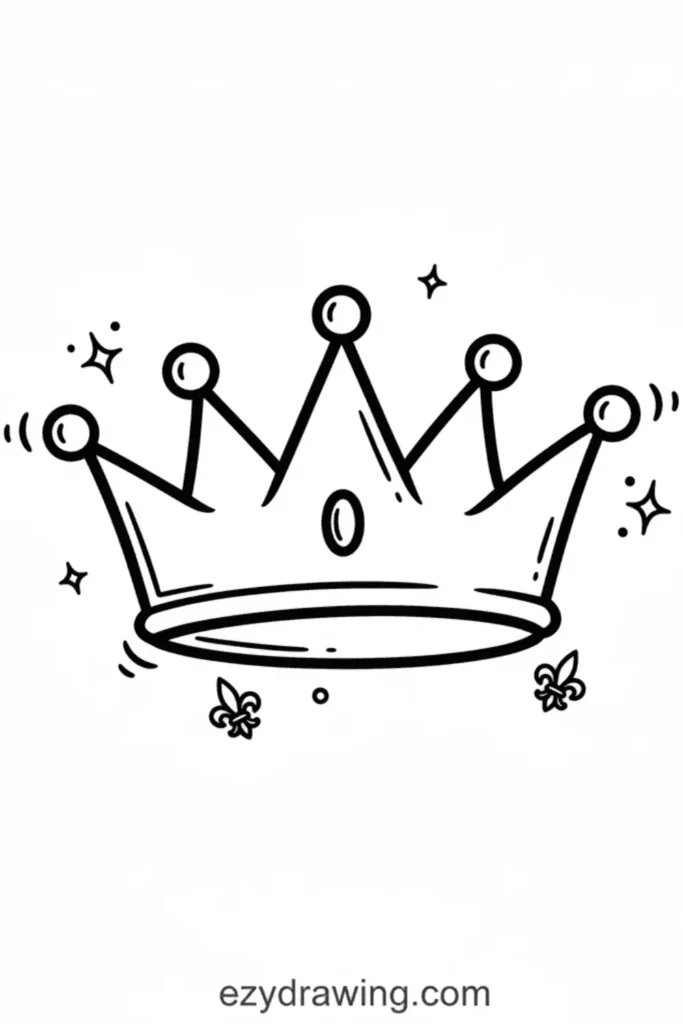 Simple graffiti style crown with five rounded points, small jewels, sparkles, motion lines, and decorative accents drawn in bold black outline.