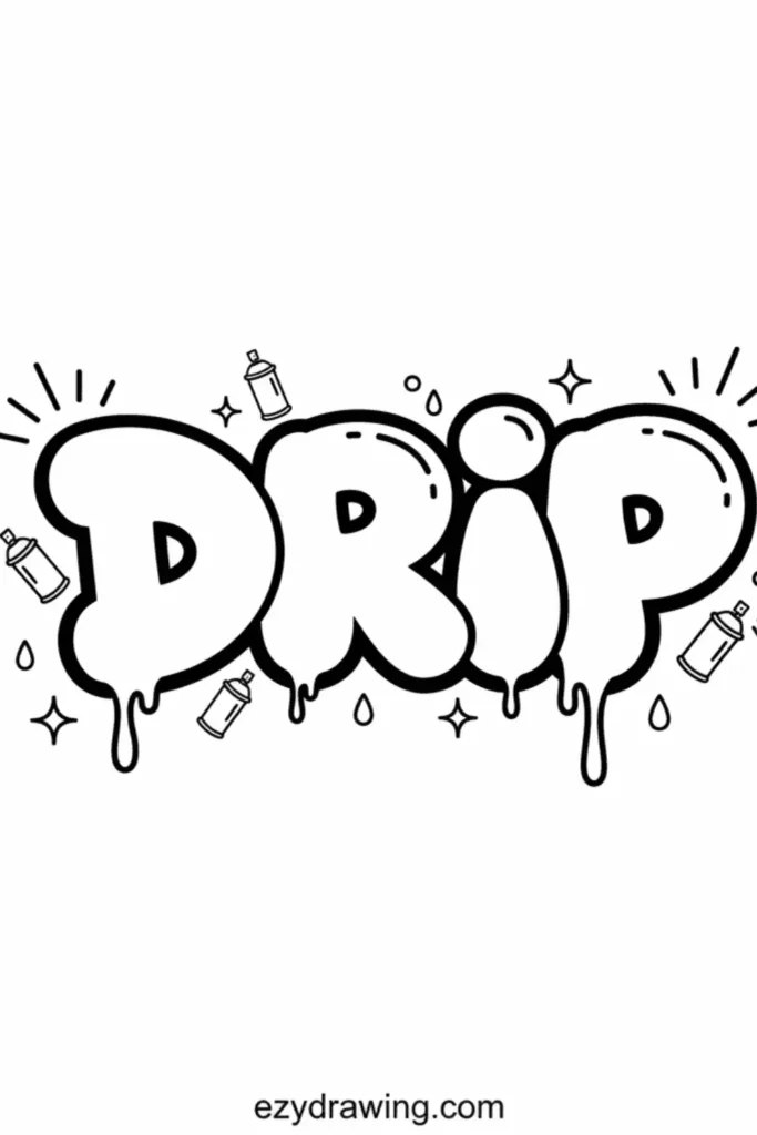 Bubble graffiti word DRIP with melting drip effects, surrounded by spray cans, sparkles, droplets, and bold black outlines on a white background