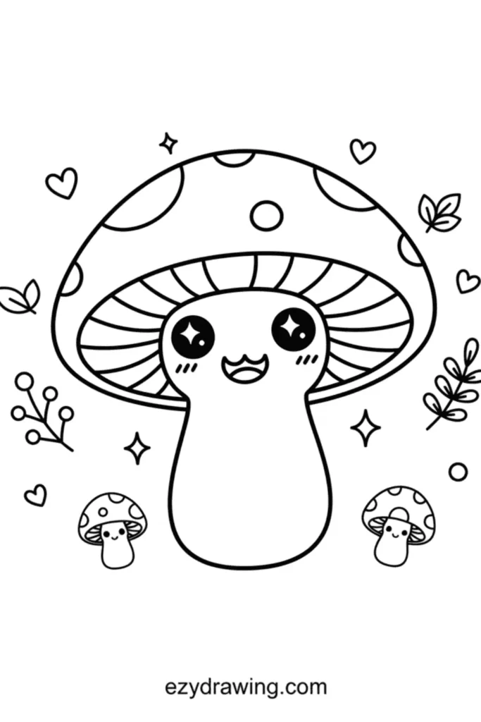 Cute kawaii mushroom with a smiling face, big sparkling eyes, tiny hearts, leaves, sparkles, and two small mushrooms around it, drawn in simple black outlines
