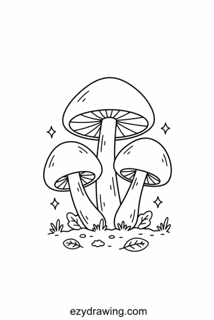 Three tall mushrooms growing together with simple caps, gills, leaves, grass, sparkles, and small ground details, drawn in clean black outlines