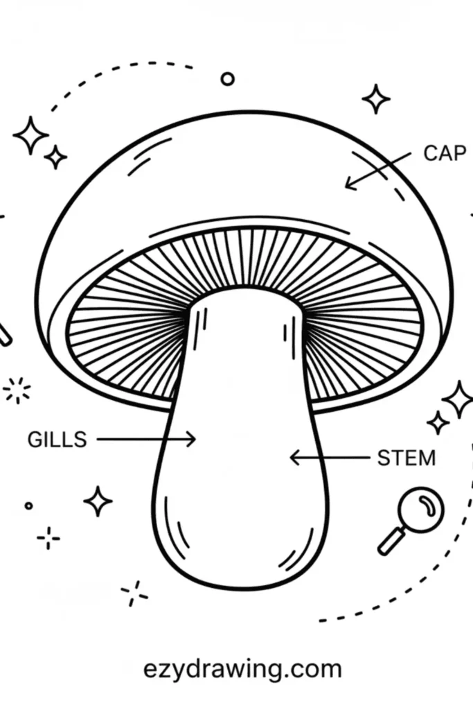 Simple mushroom diagram showing cap, gills, and stem with arrows labeling each part, surrounded by sparkles, dots, and a small magnifying glass