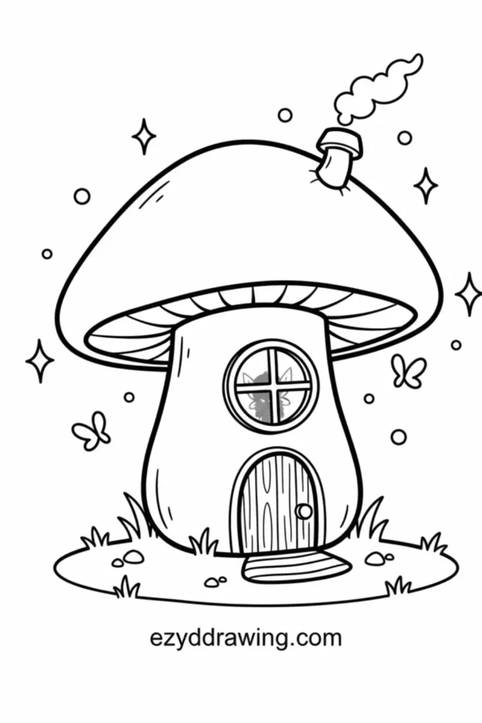 Cute mushroom house with a round window, wooden door, chimney smoke, butterflies, sparkles, and grassy ground details drawn in simple black outlines