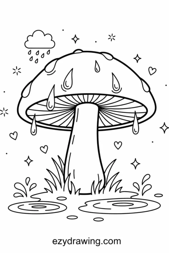 Large mushroom with raindrops falling on its cap, puddles and grass at the base, surrounded by sparkles, hearts, and a tiny rainy cloud
