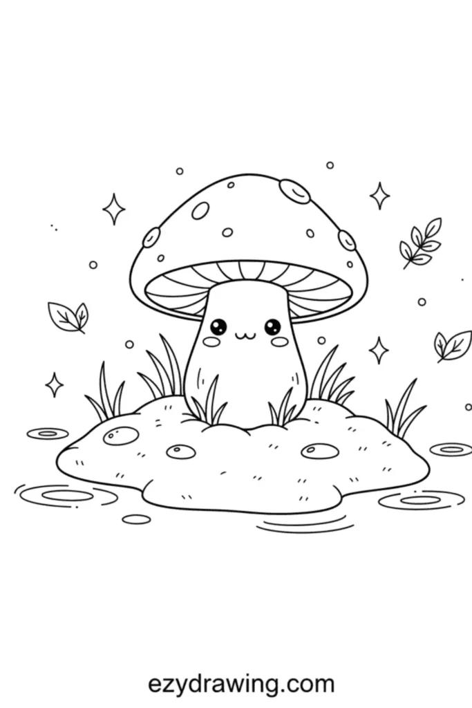 Cute mushroom with a spotted cap sitting on a soft mossy mound, surrounded by grass, sparkles, leaves, and small water puddles.