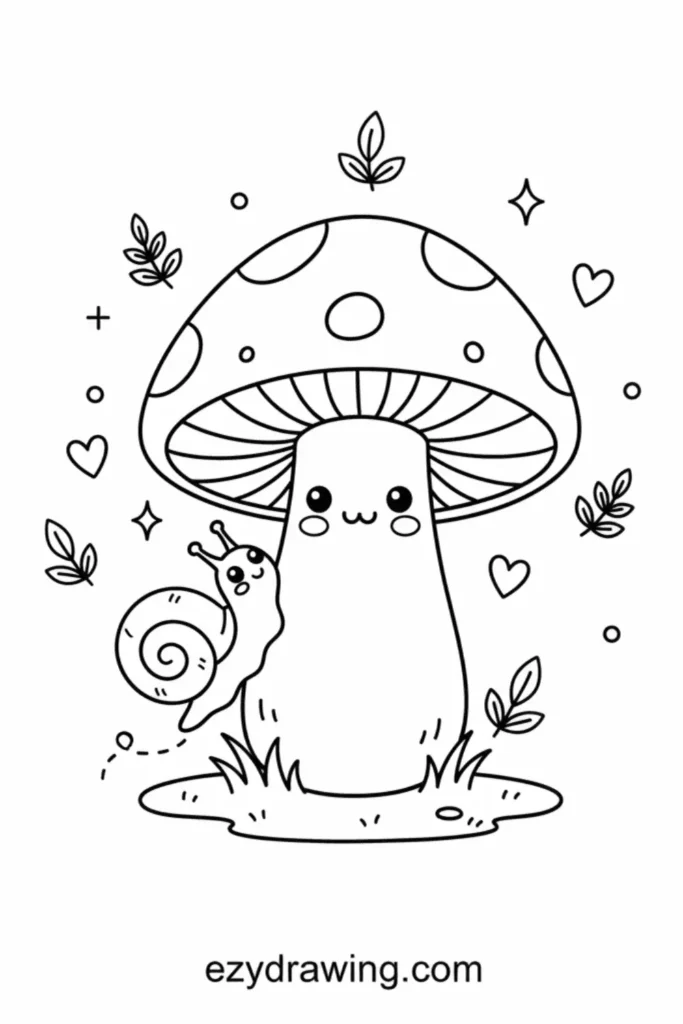 Cute smiling mushroom with a spotted cap, happy snail climbing its side, surrounded by hearts, leaves, sparkles, and small ground details