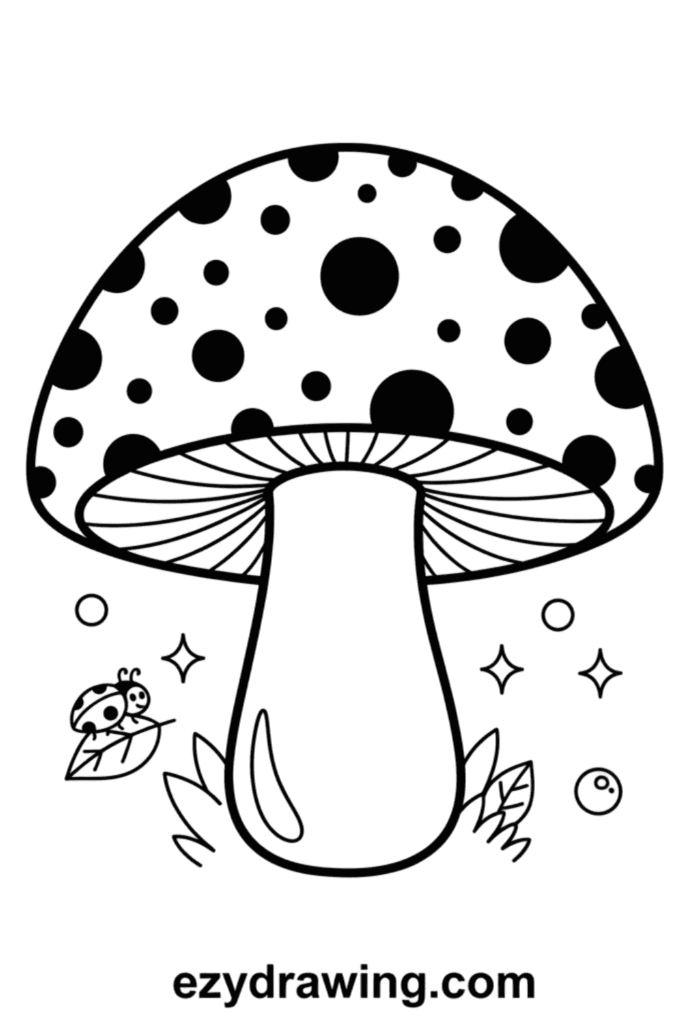 Spotted mushroom with a large dotted cap, simple stem, gills, tiny grass, sparkles, and a cute ladybug sitting on a leaf beside it.