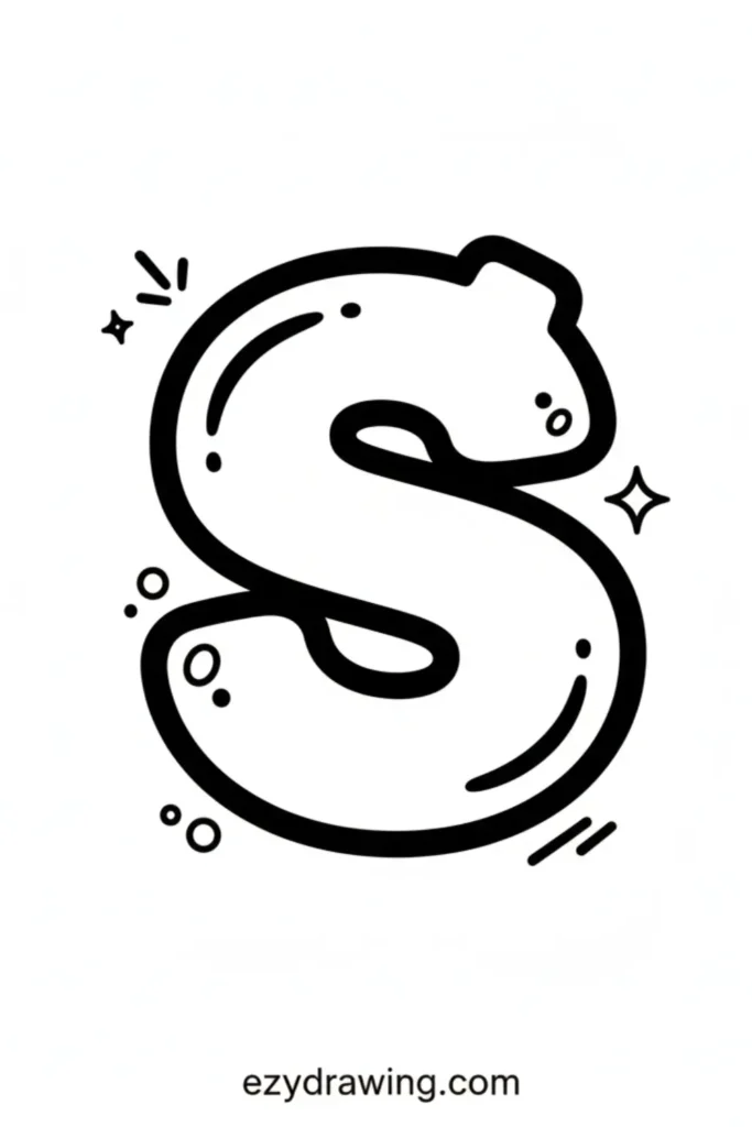 Rounded bubble style letter S with bold black outline, small sparkles, dots, and highlight lines on a clean white background
