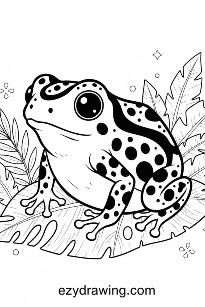 Spotted poison dart frog sitting on large leaves with big shiny eyes, bold patterns and simple jungle details shown in clean kid friendly line art.