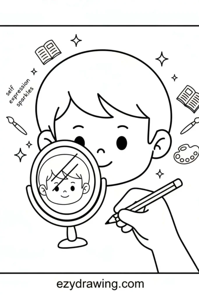 Cute drawing of a child sketching their own reflection in a mirror with art tools, sparkles, books, and the phrase self expression sparkles plus ezydrawing dot com