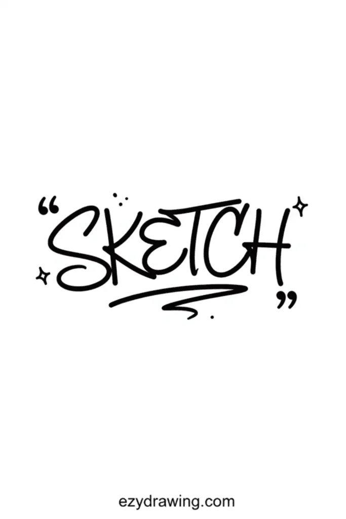 Graffiti style word sketch with flowing marker strokes, added sparkles, dots, and underline accents, drawn in bold black lines on a white background