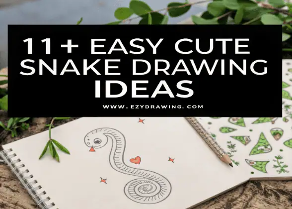 Pinterest pin showing 11+ Easy Cute Snake Drawing Ideas text over sketchbook snake doodle, pencil, and leaves.