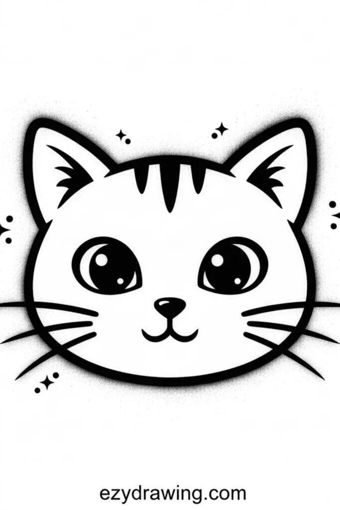Cute stencil style cat face with big round eyes, whiskers, ear details, soft spray fade around the outline, and small sparkles on a white background