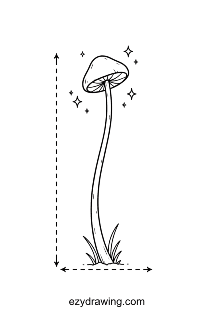 Tall thin mushroom with a tiny cap, long curved stem, grass at the base, sparkles around it, and dashed measurement arrows on the sides