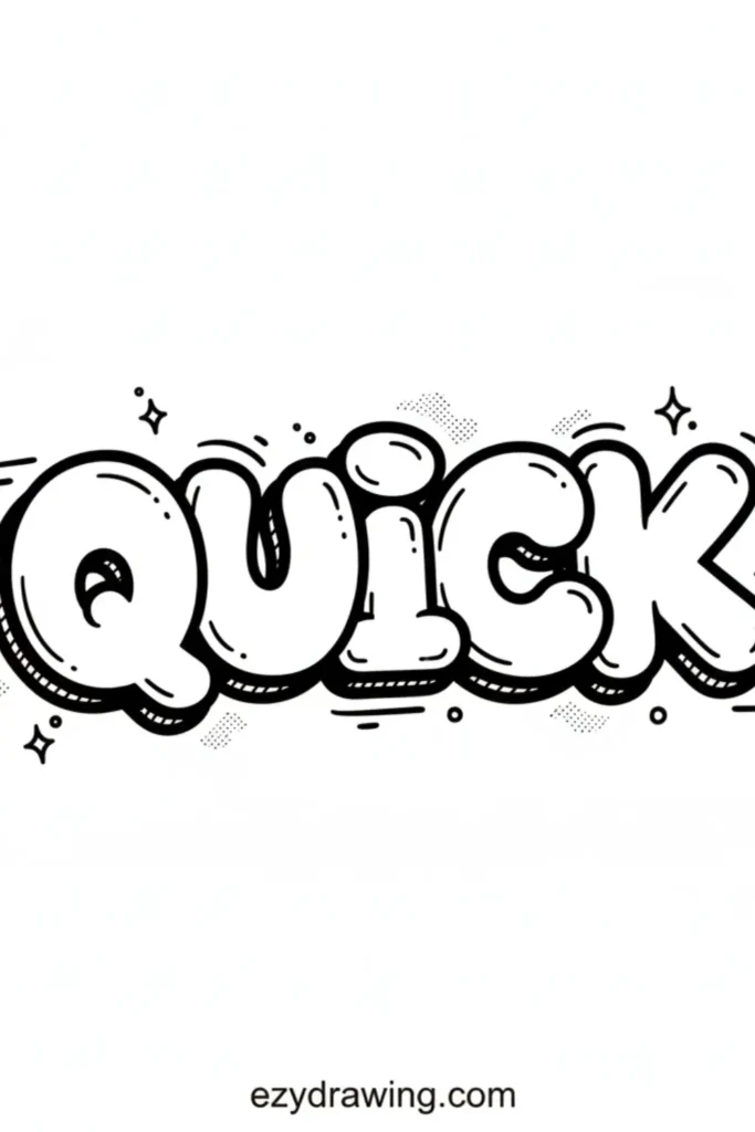Bubble graffiti word QUICK with thick rounded letters, small sparkles, dots, line accents, and textured shading details on a white background