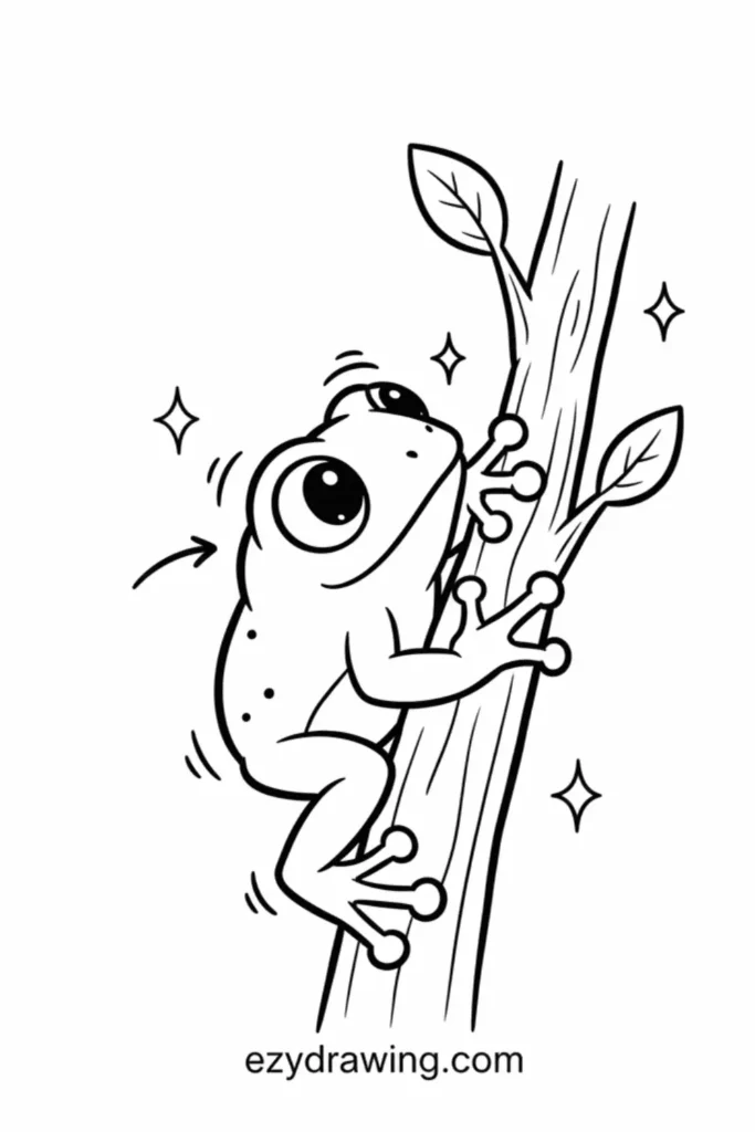 Cute tree frog climbing a trunk with big eyes, gripping branches tightly, surrounded by sparkles and motion lines in simple kid friendly art