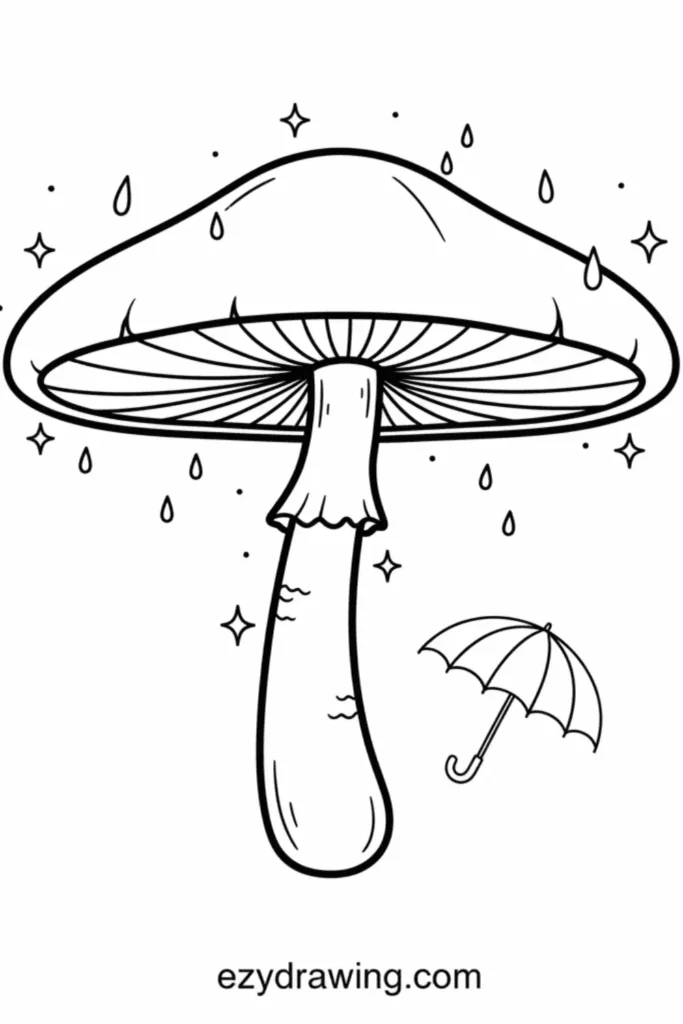 Tall parasol mushroom with a wide cap, dripping raindrops, sparkles around it, and a small umbrella illustrated beside the long stem