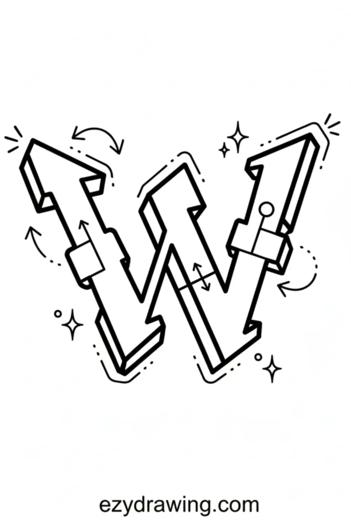 3D graffiti style letter W with sharp arrow tips, block shapes, small sparkles, dotted accents, and curved motion arrows around it.