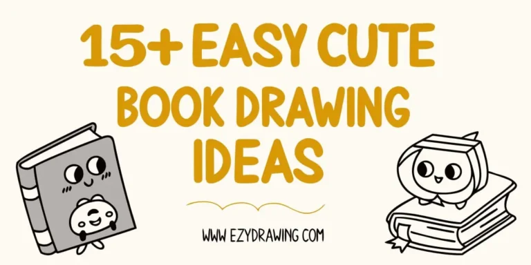 Pinterest cover showing 15+ easy cute book drawing ideas with kawaii books black and white style and ezydrawing.com branding logo arts