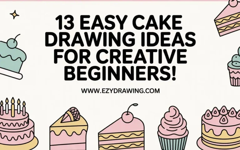 Pinterest cover showing 13 Easy Cake Drawing Ideas for Creative Beginners with cute cake sketches and www.ezydrawing.com web