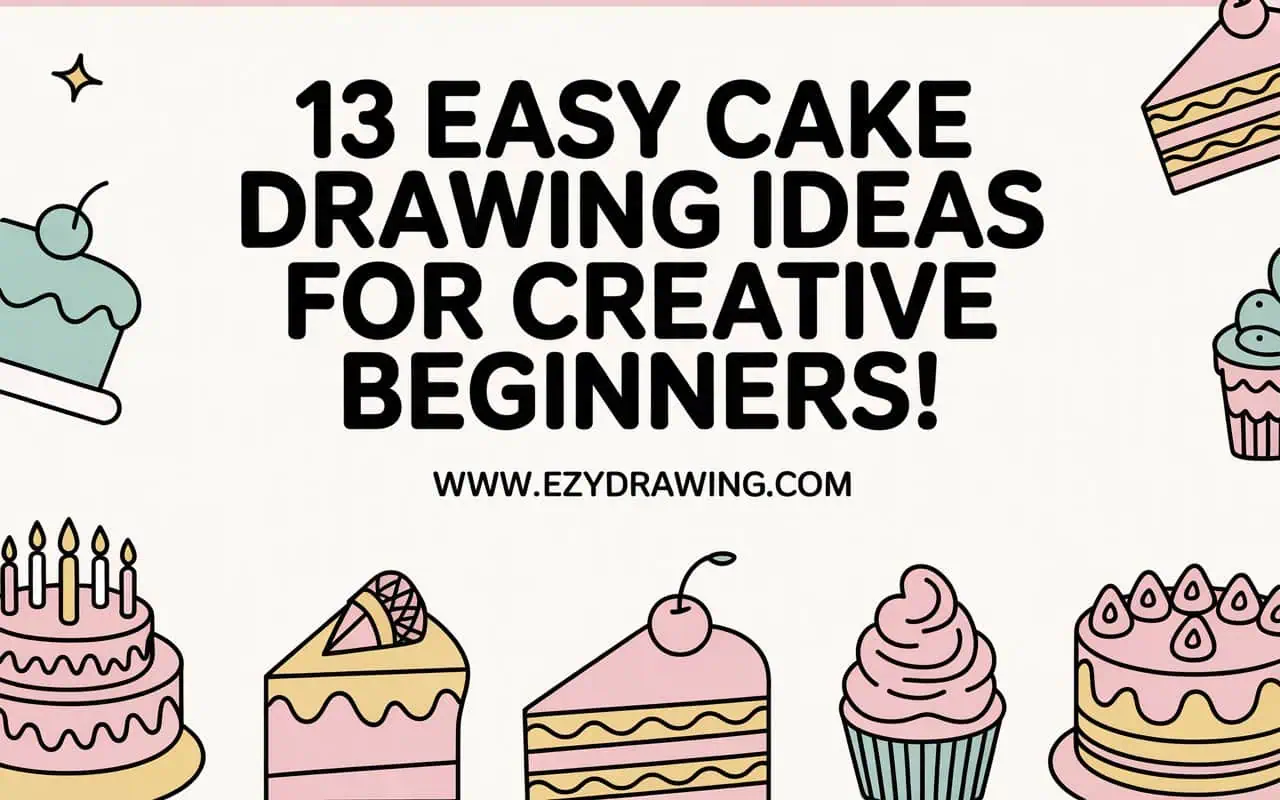 Pinterest cover showing 13 Easy Cake Drawing Ideas for Creative Beginners with cute cake sketches and www.ezydrawing.com web