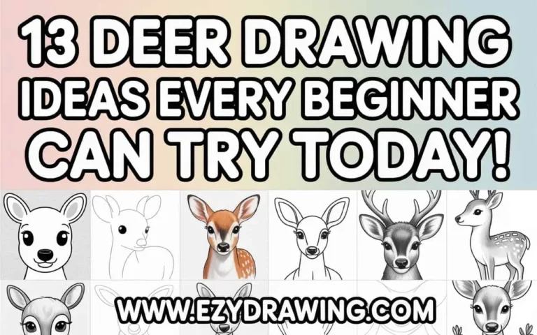 Pinterest image with bold title 13 Deer Drawing Ideas Every Beginner Can Try Today and deer sketch thumbnails ezydrawing.coms
